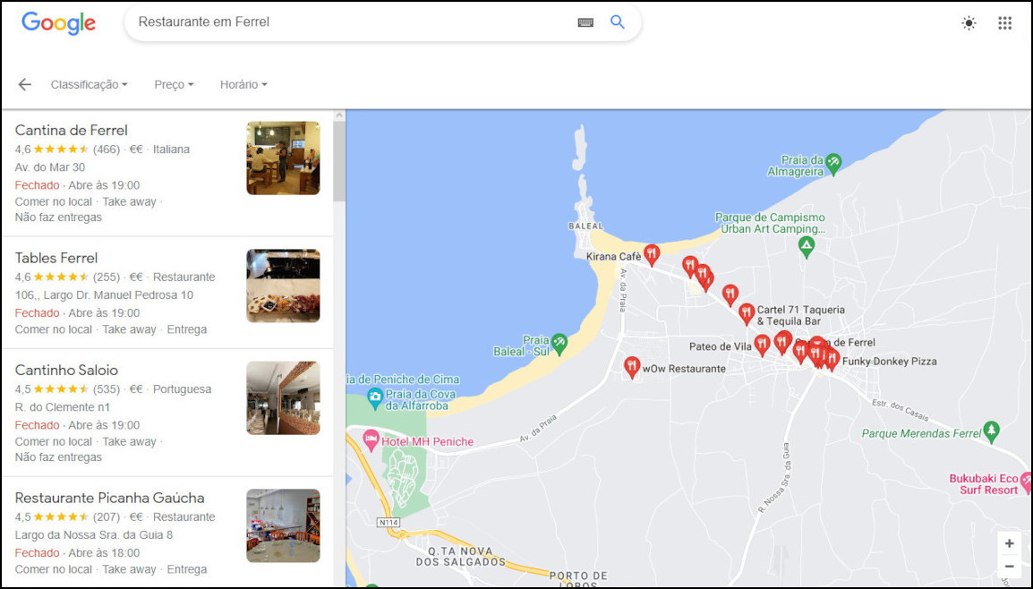 O Google mostra no mapa os resultados para Restaurante em Ferrel (Peniche).