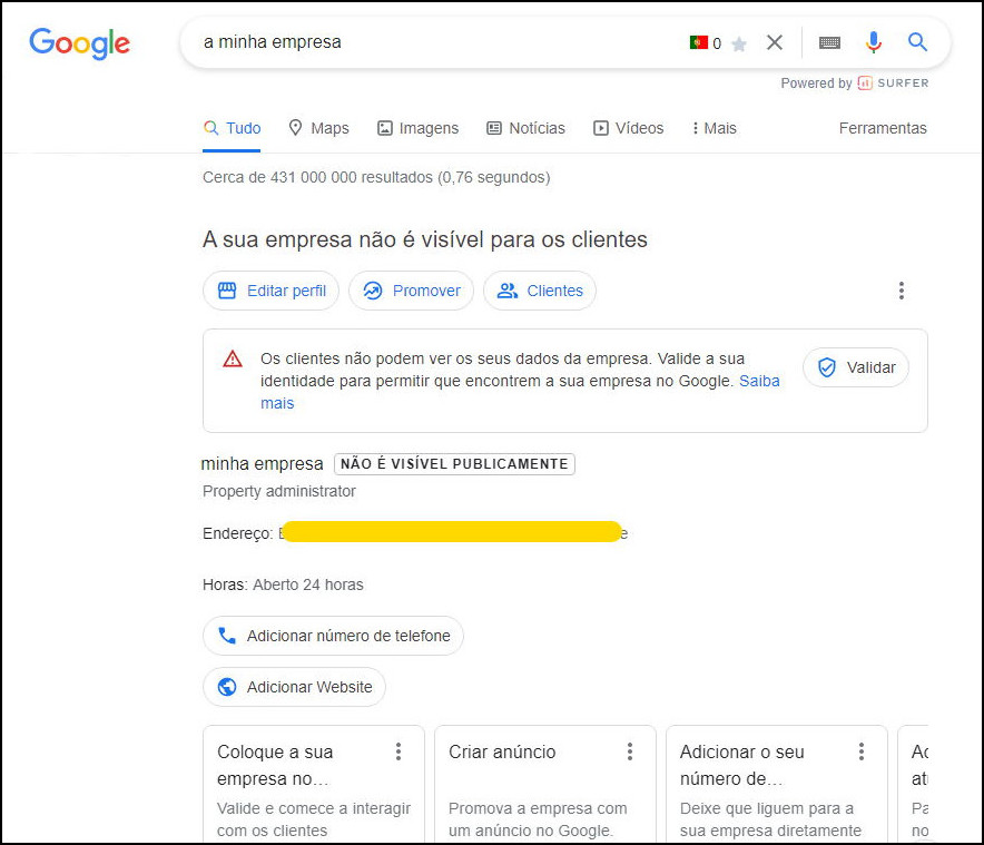 Perfil de Empresa na página de pesquisa