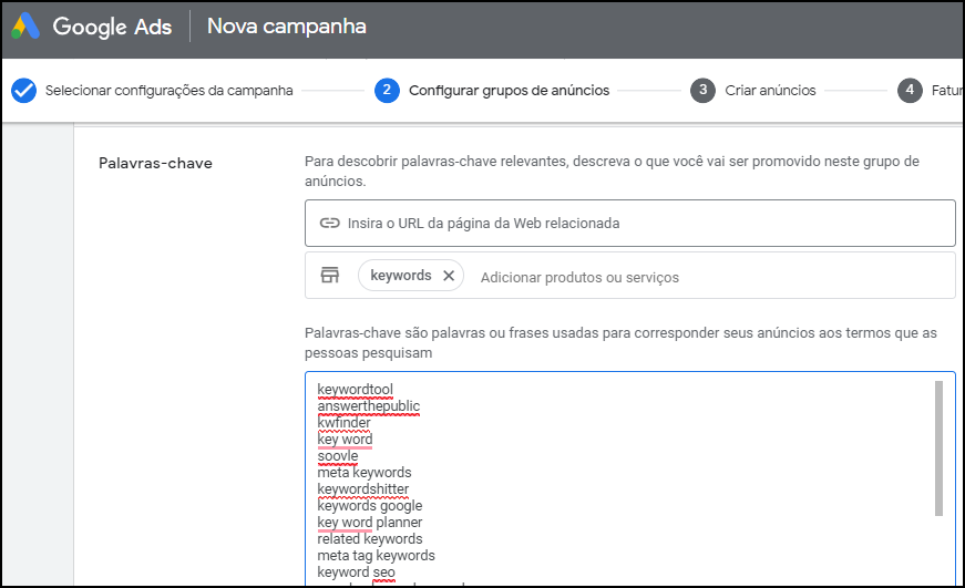 configurar grupos de anuncios keywords