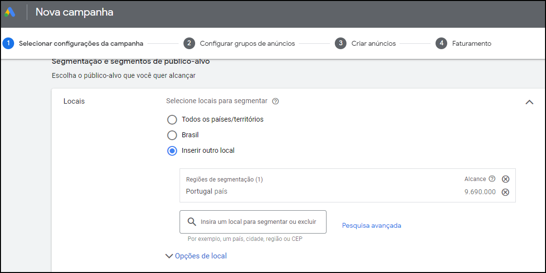 selecionar configuracoes de campanha