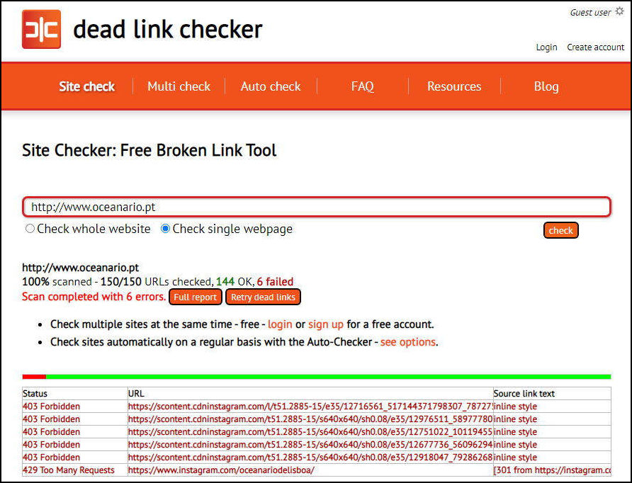 dead link checker oceanario.pt