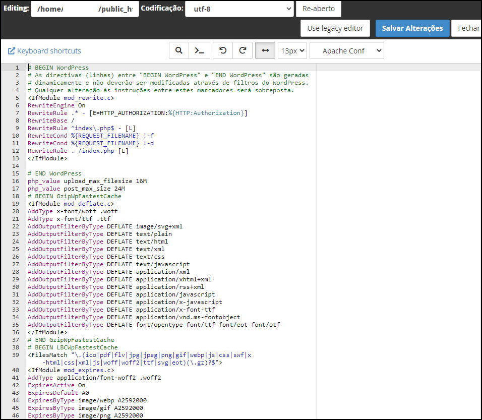 Ficheiro htaccess de um website