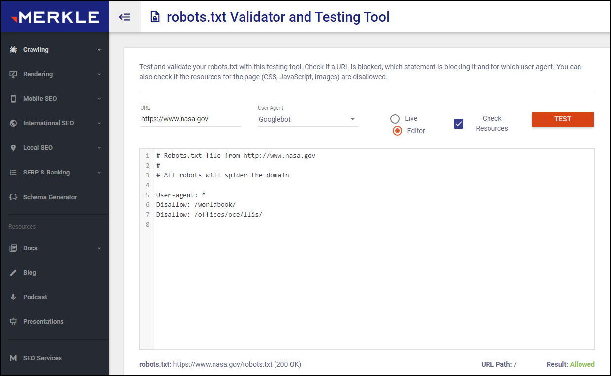 Ficheiro robots.txt de nasa.gov