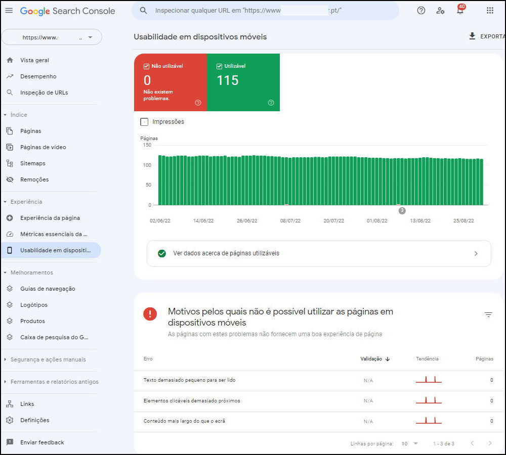 Seach console visualização em dispositivos móveis