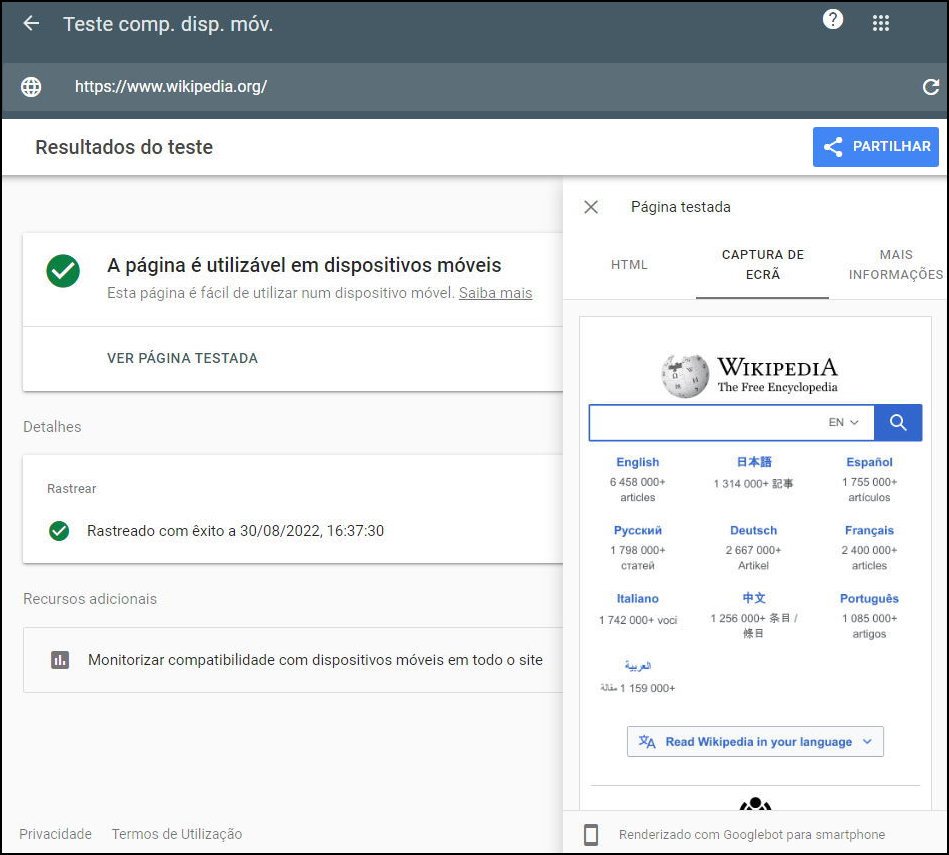 Teste wikipedia.org em dispositivos móveis