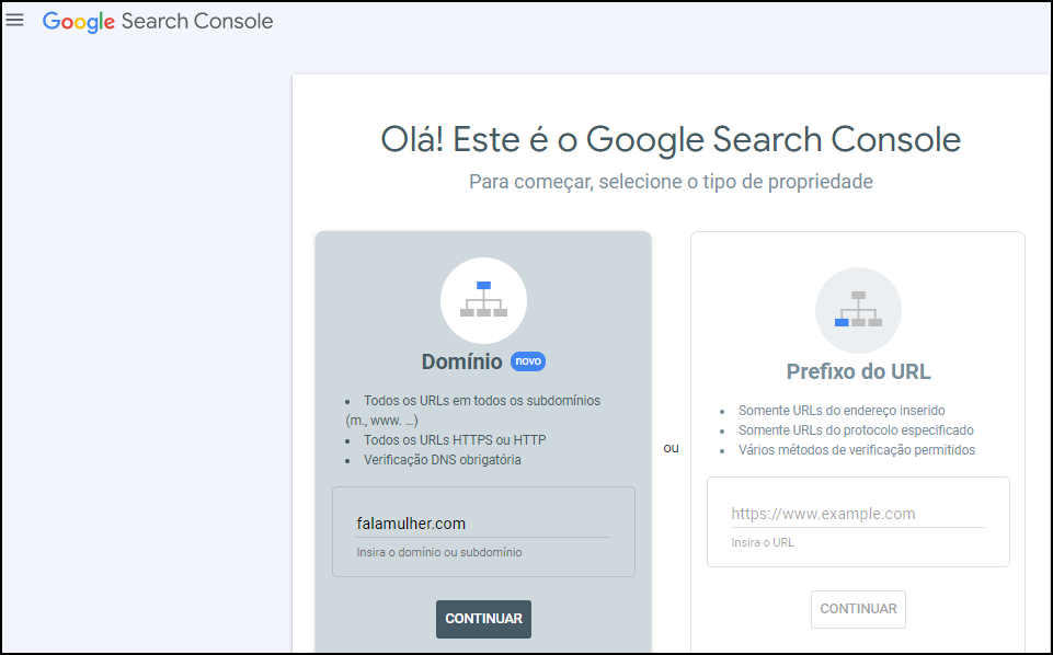 google search console selecione o tipo de propriedade