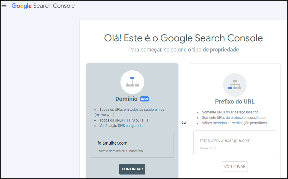 google search console selecione o tipo de propriedade