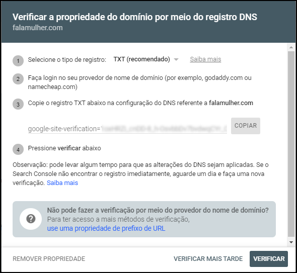 Verificar a propriedade do domínio por meio do registro DNS