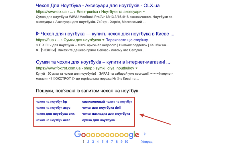 Приклад пропозицій пошуку від системи Google