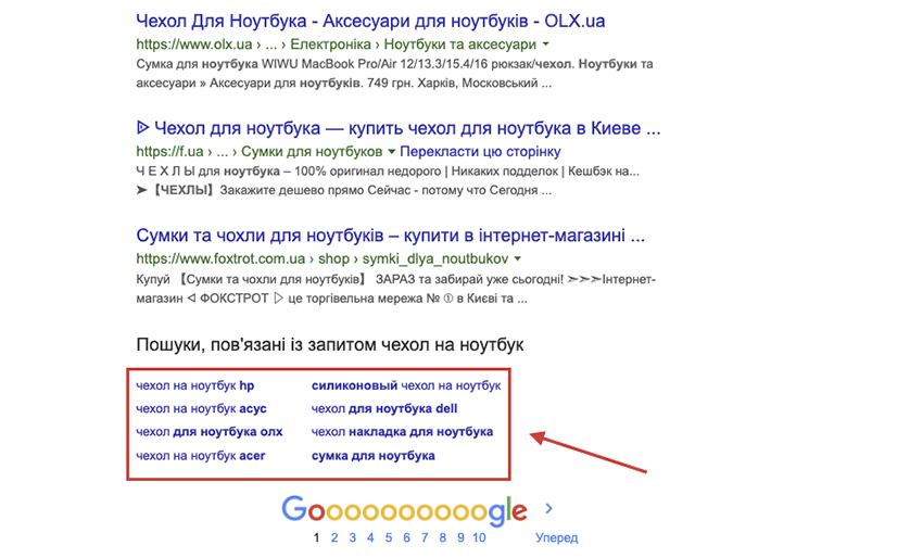 Приклад пропозицій пошуку від системи Google