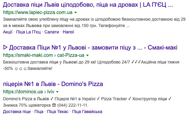 Результат пошуку у Google за фразою піца Львів