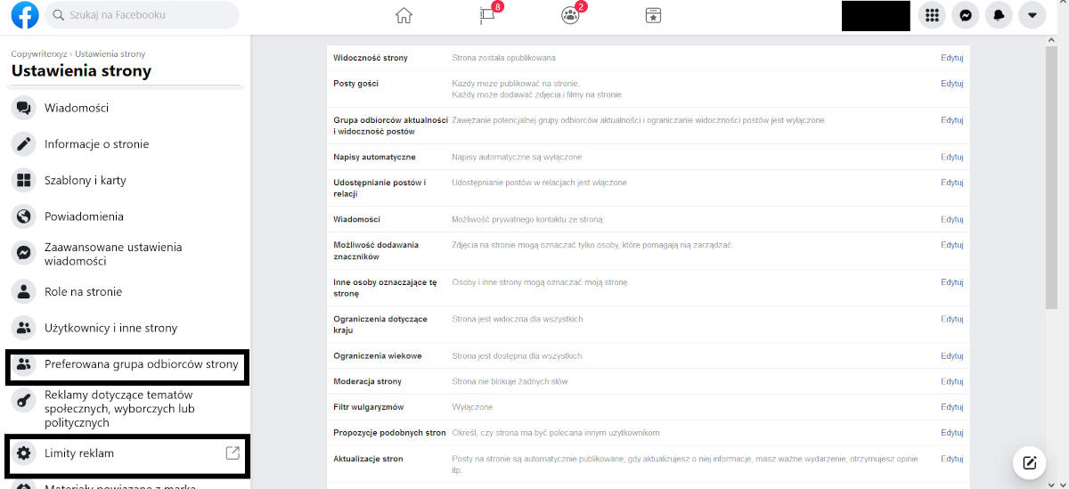Odbiorcy strony i limity reklam - Facebook
