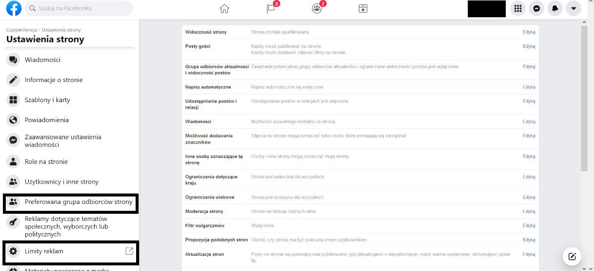 Odbiorcy strony i limity reklam - Facebook