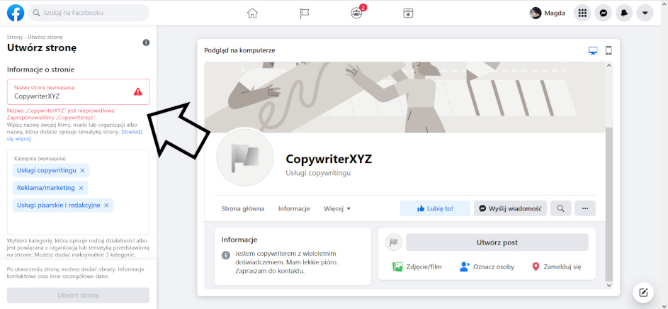Tworzenie strony na FB - błąd