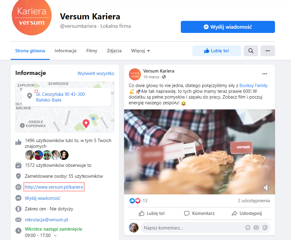 Fanpage Versum Kariera - screen z Facebooka