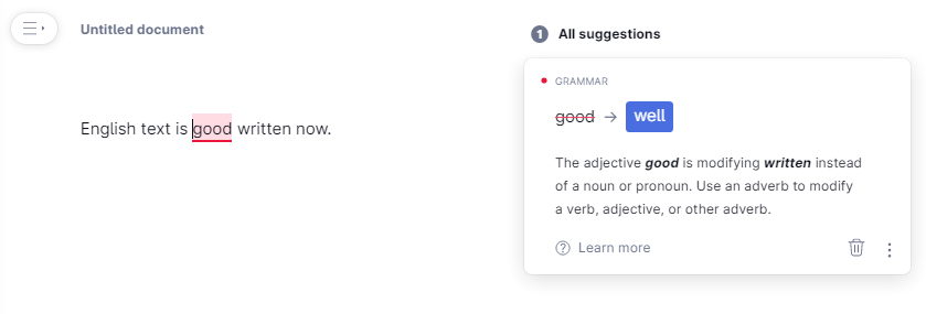 Grammarly use example screen