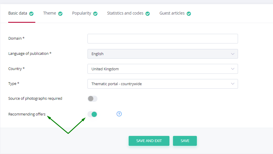 Turn off the recommended offers for particular portal - screenshot