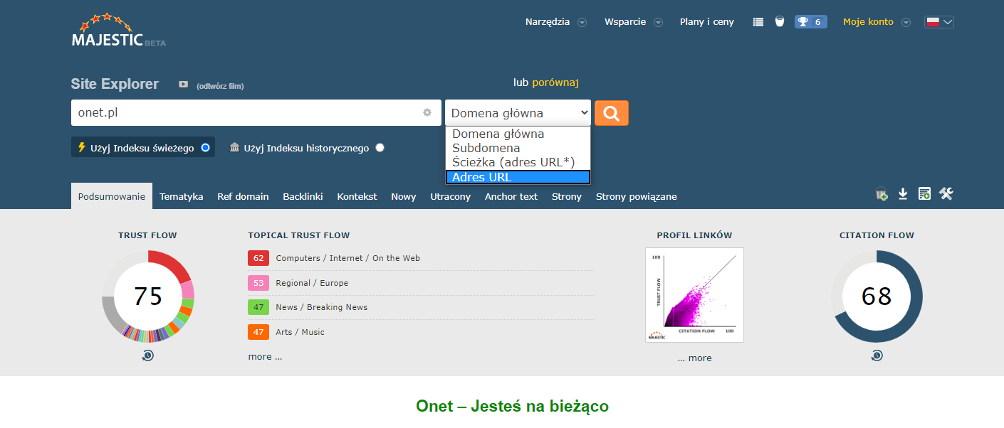 Majestic – vyhlyad holovnoho instrumenta Site Explorer dlya Onet.pl