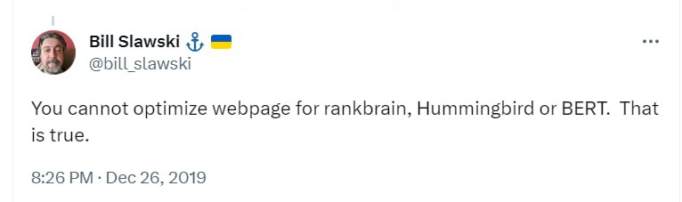 ви не можете оптимізувати сторінку під ренкбрейн, колібрі або BERT, каже Bill Slawski
