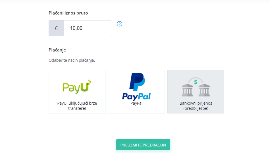 Screenshot of the deposit of funds tab