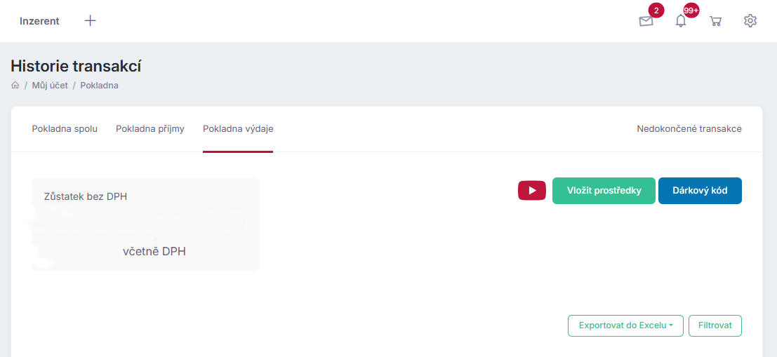 Screenshot Pokladny v platformě