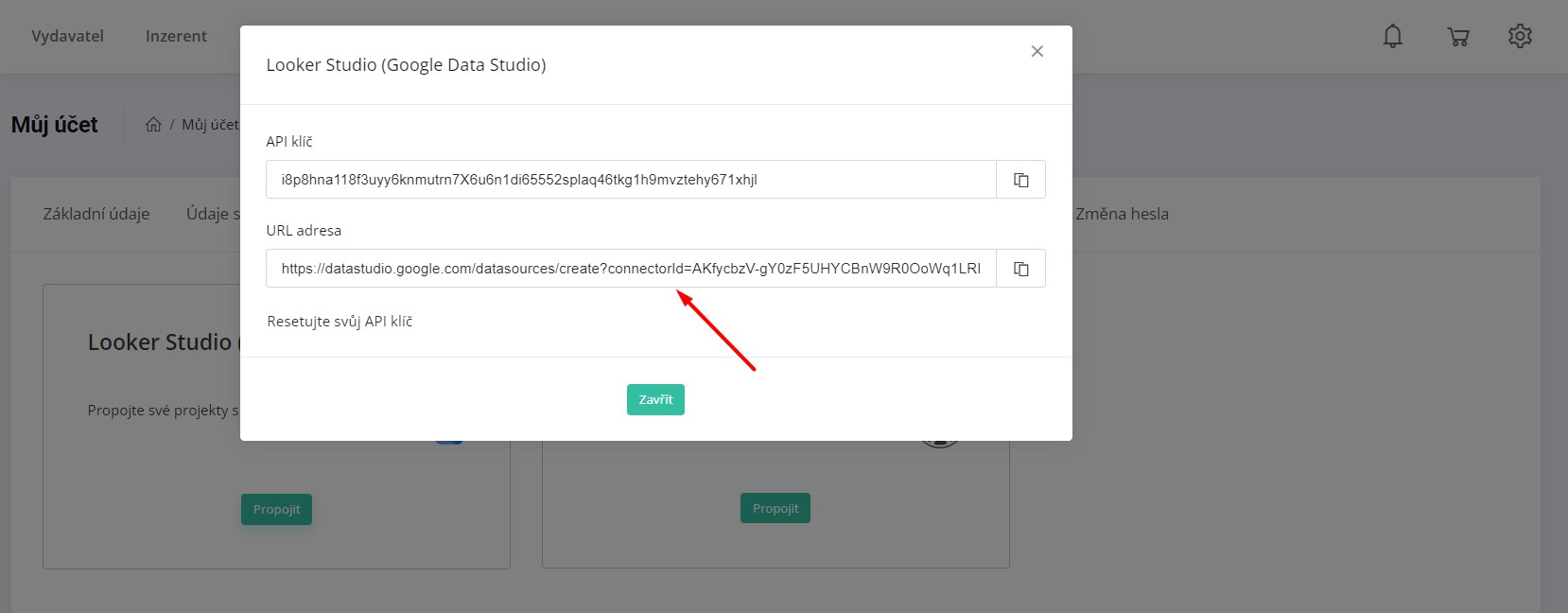 API klíč a URL adresa pro integraci s Looker Studio