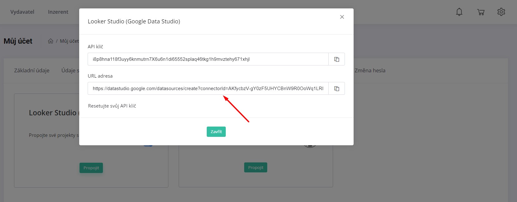 API klíč a URL adresa pro integraci s Looker Studio