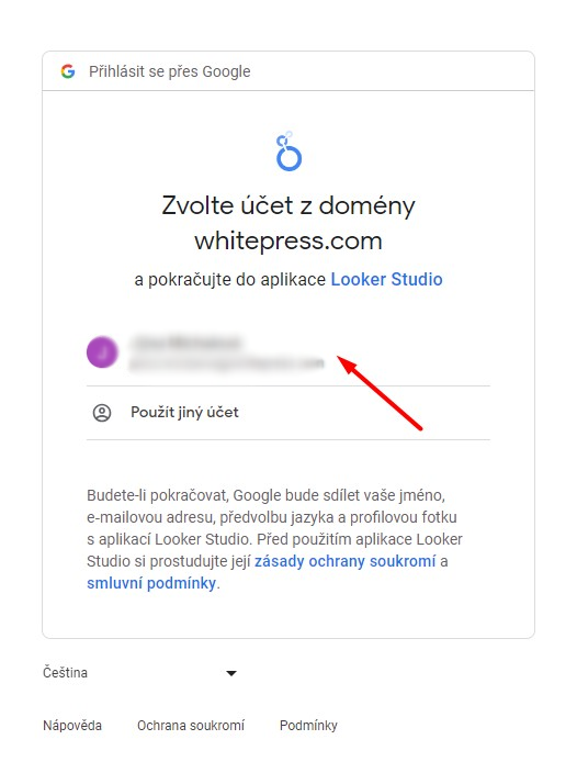 Výběr Google účtu pro integraci s Looker Studio