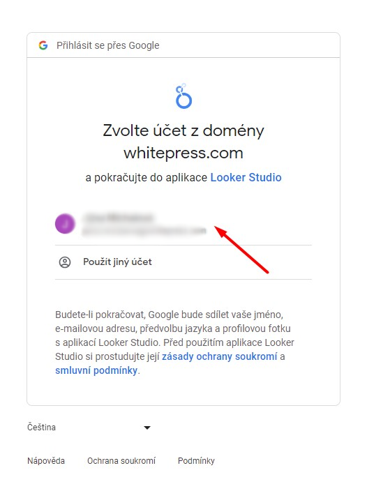 Výběr Google účtu pro integraci s Looker Studio