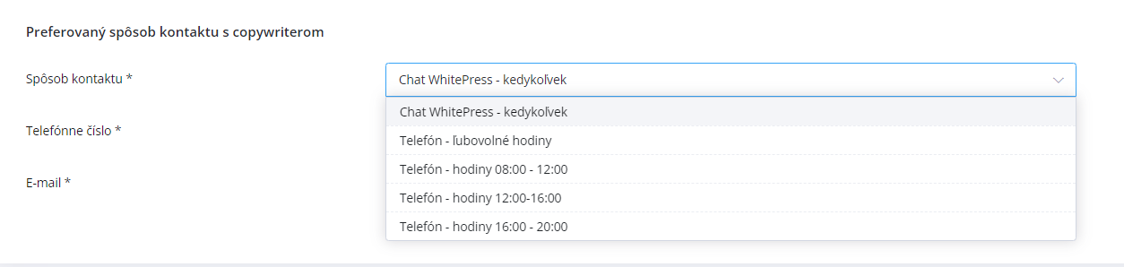 Preferovaný spôsob komunikácie s copywriterom - nastavenia