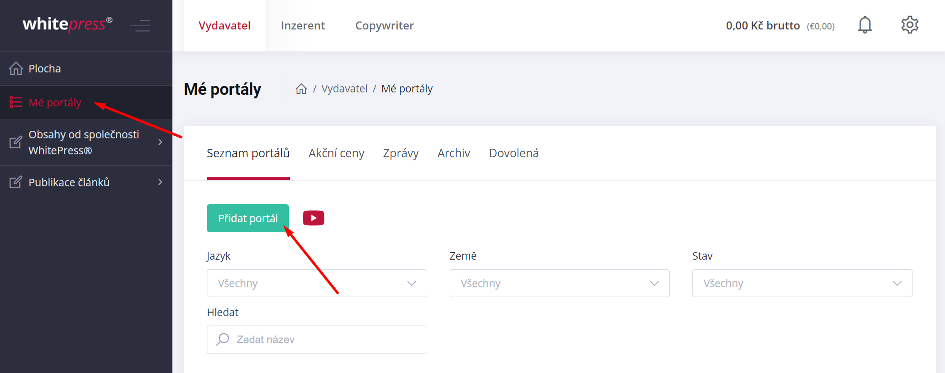 WhitePress platforma - Jak přidat portál 