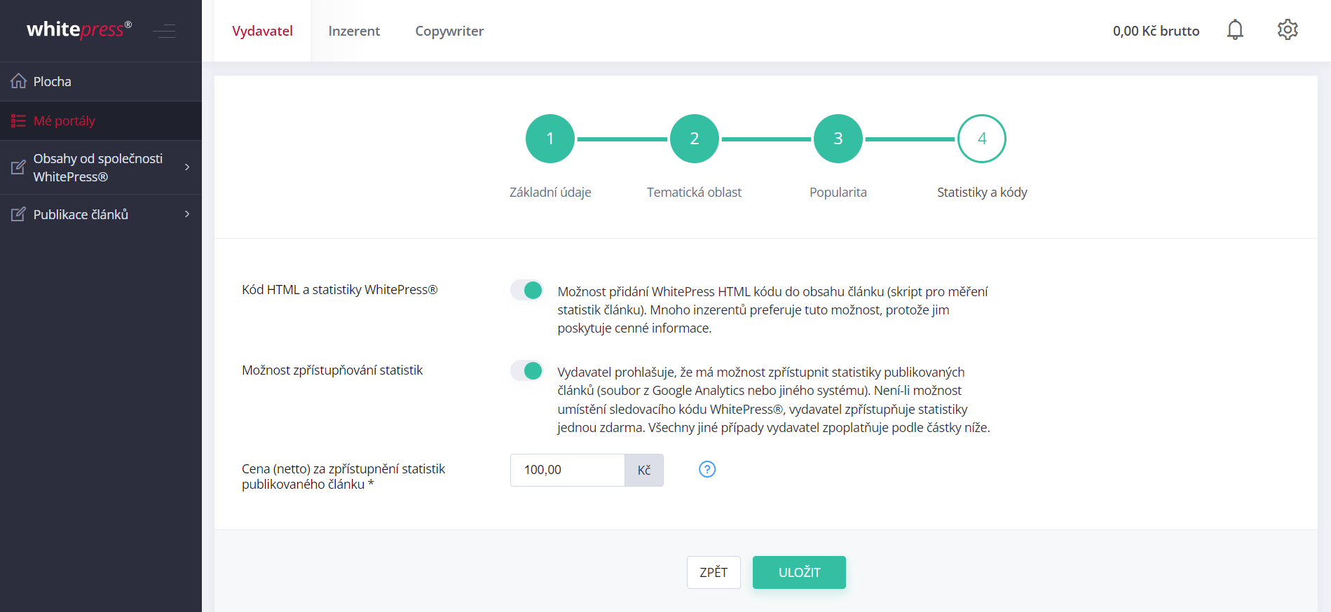 Statistiky a kody - nastavení portálu v platformě