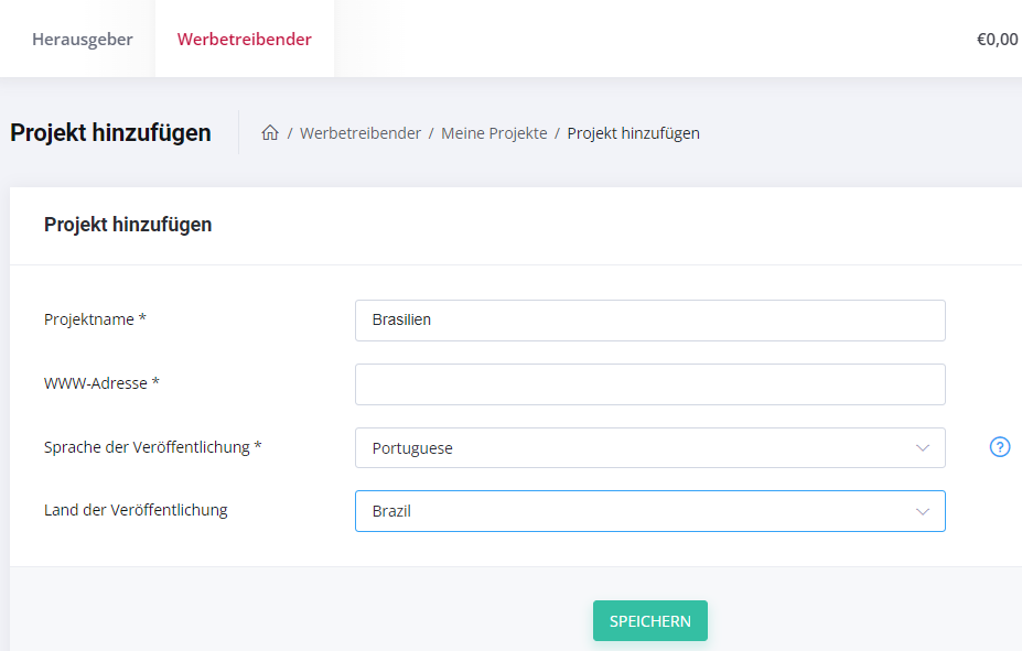 Neue Projekte für Brasilien hinzufügen