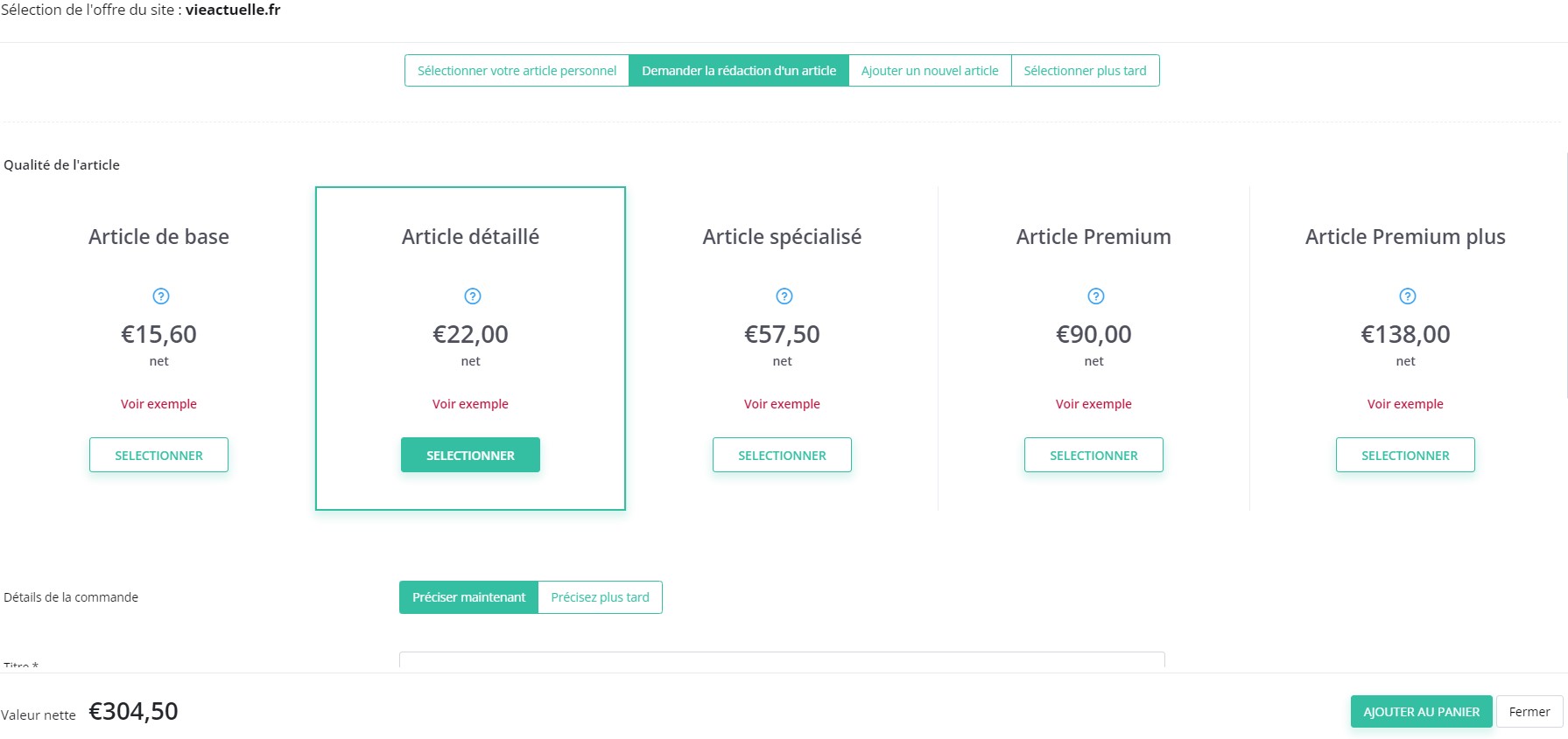 Sélection de l'offre