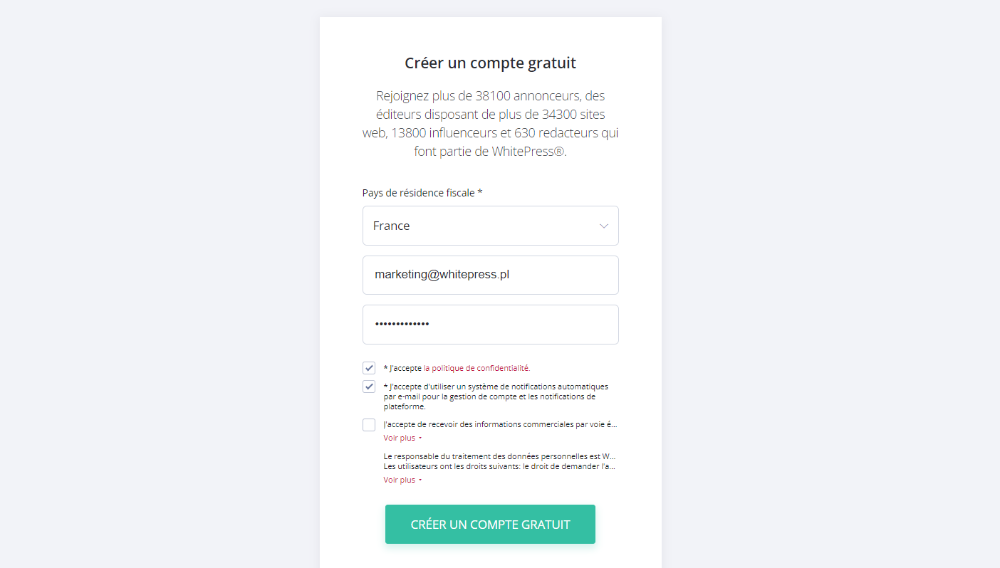 la première étape de la création d'un compte chez Whitepress