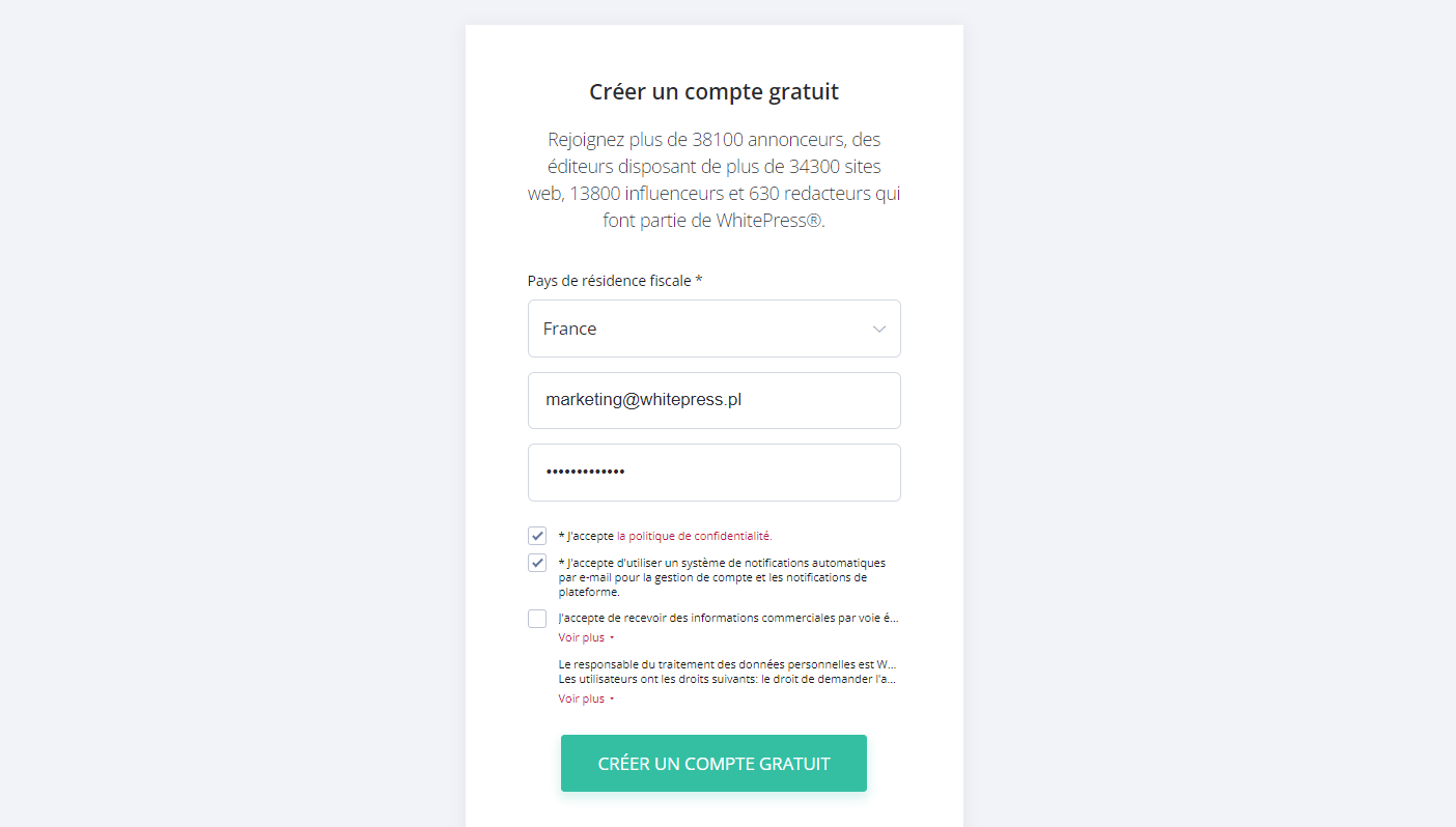 la première étape de la création d'un compte chez Whitepress