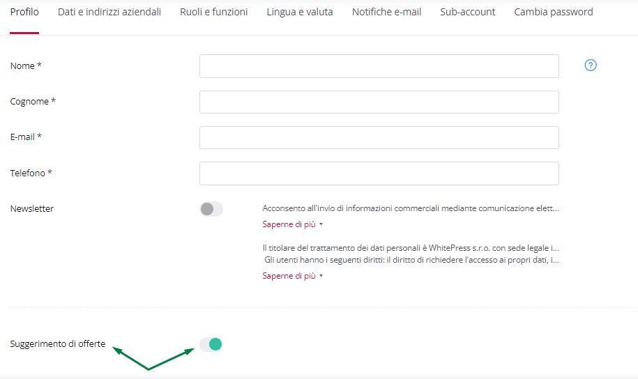 screen disattiva offerte suggerite globalmente per tutti i portali