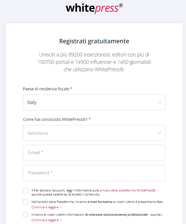 pagina di registrazione 