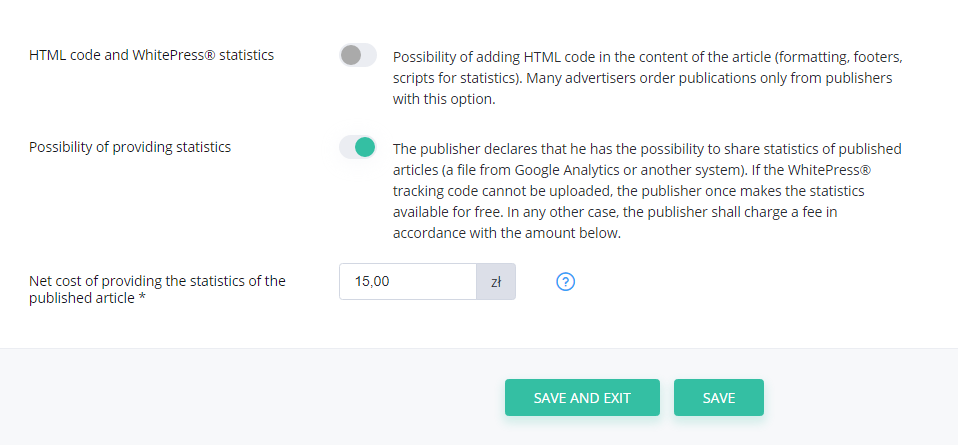 Statistic settings for publishers - screen from the platform