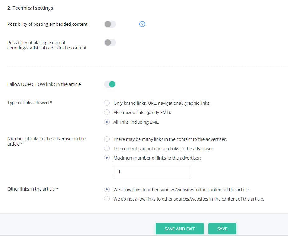 Technical settings for a publishing offer - screen