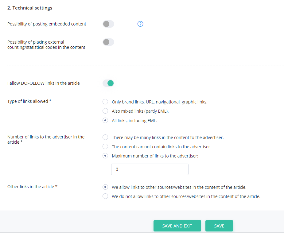 Technical settings for a publishing offer - screen