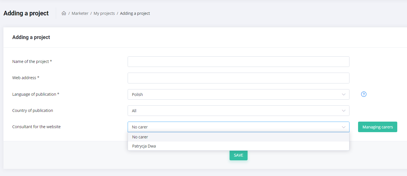 Adding a project in WhitePress® platform - screenshot