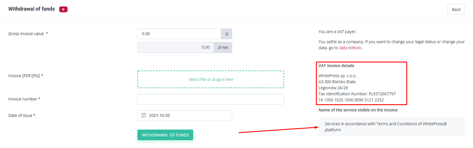 Withdrawal funds from a company account