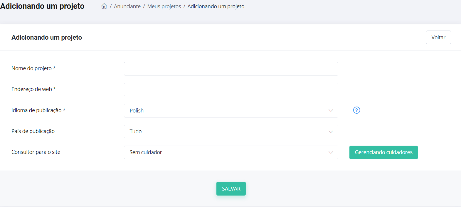 Adiccionar um projeto - Captura de ecrã