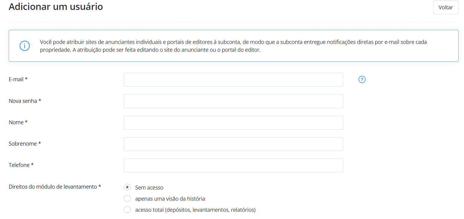 Adiconar usuário da subconta - Captura de ecrã