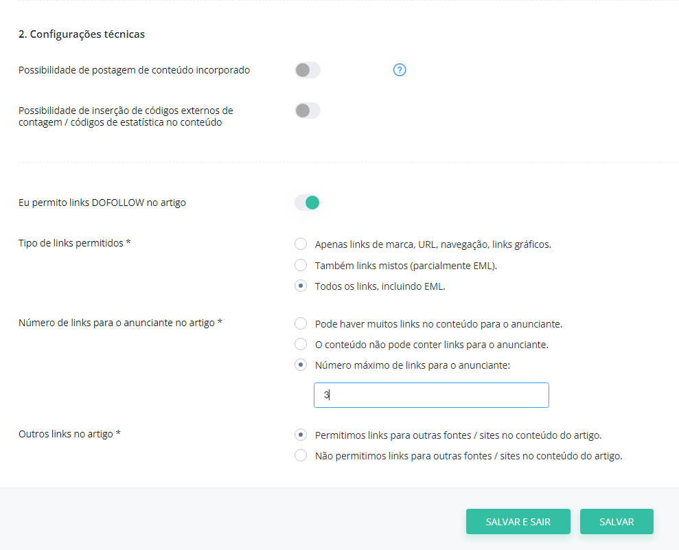 Configurações técnicas do portal - captura de ecrã