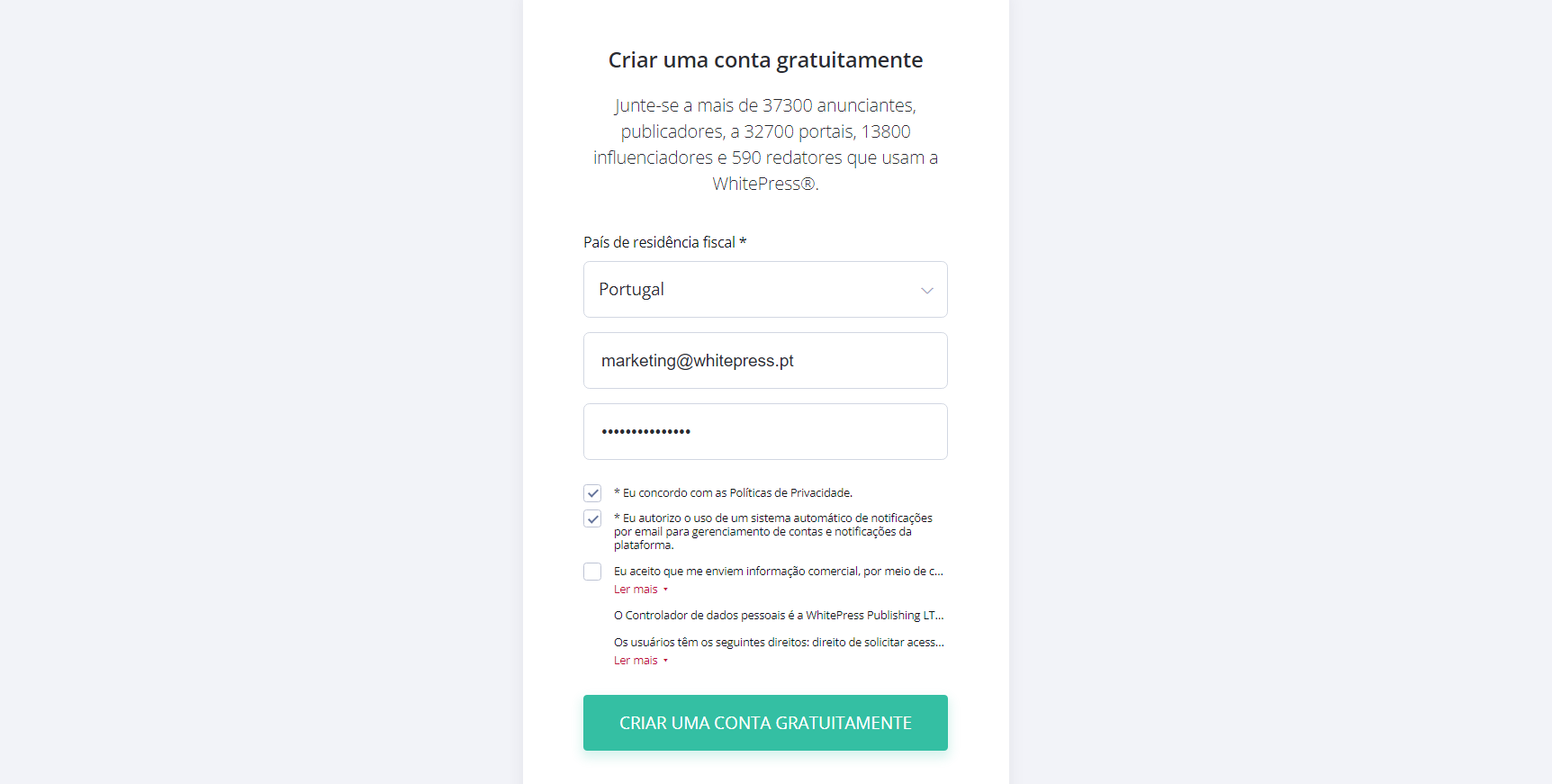 Criar uma conta na WhitePress - captura de ecrã