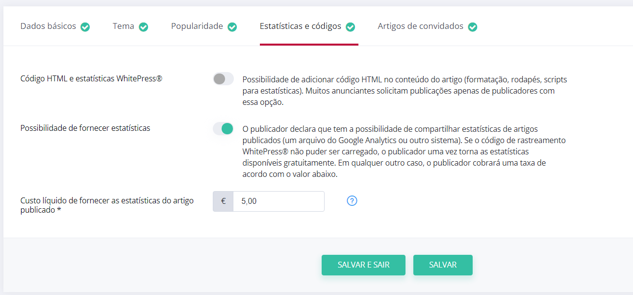 Configurar as definições das estatísticas - captura de ecrã