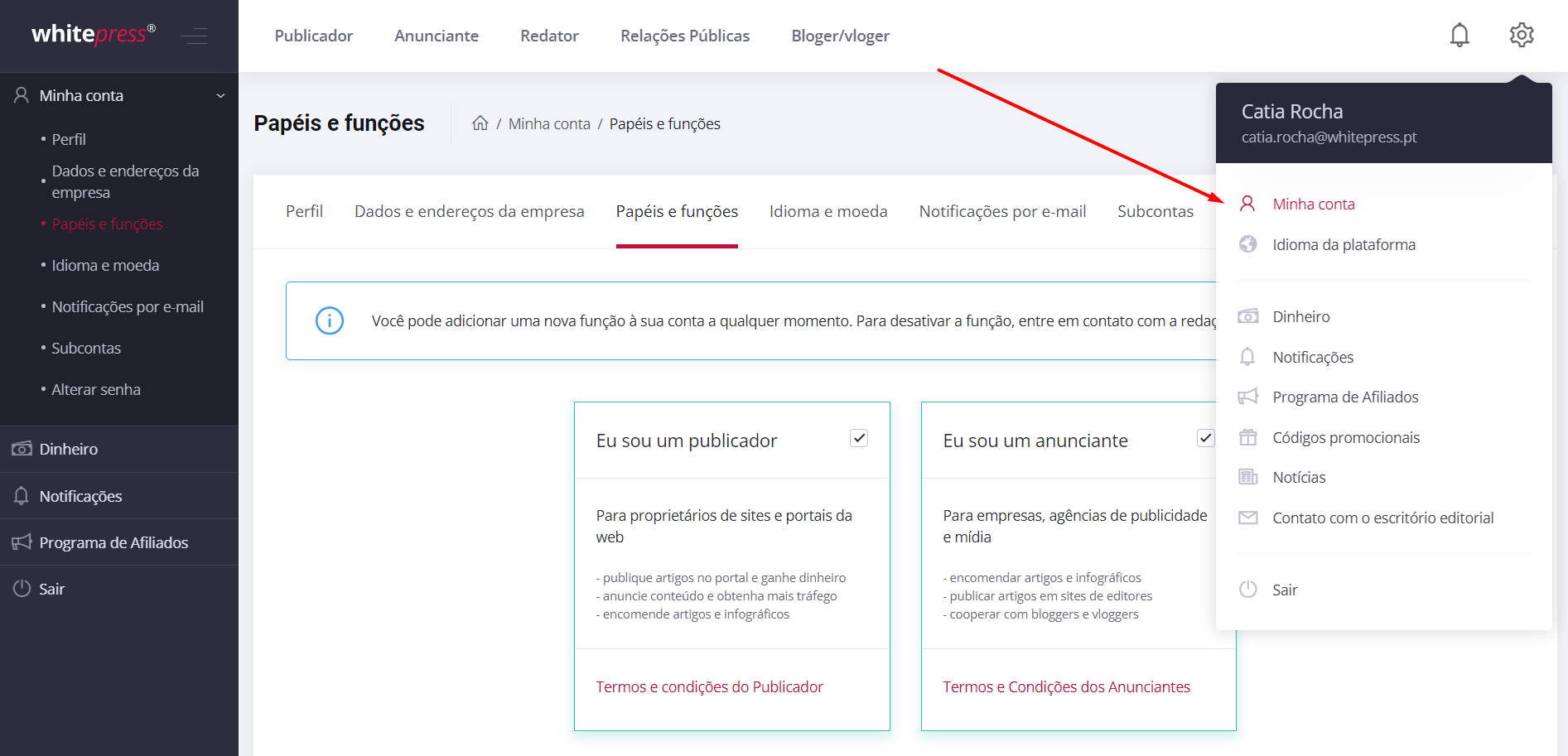 Configurações da Minha Conta - Captura de ecrã