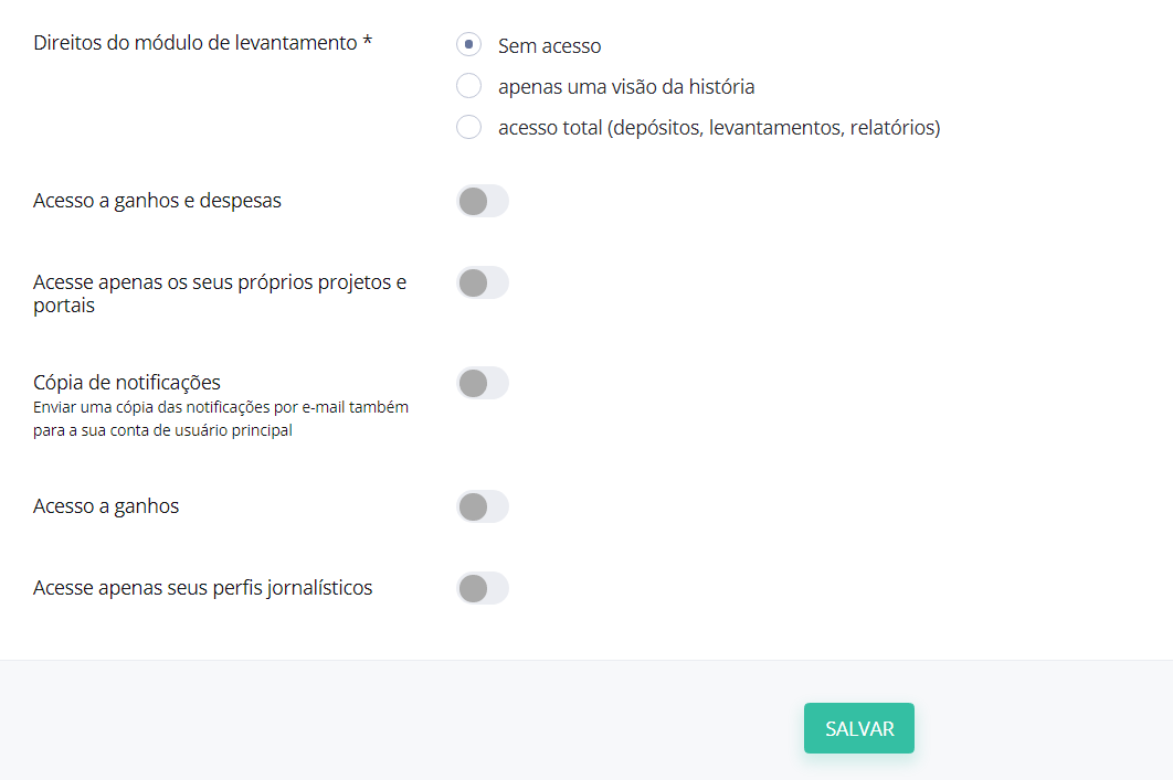 Definição das permissões da subconta - Captura de ecrã